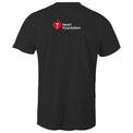 Black unisex t-shirt with Heart Foundation logo on upper back featured on light gray background
