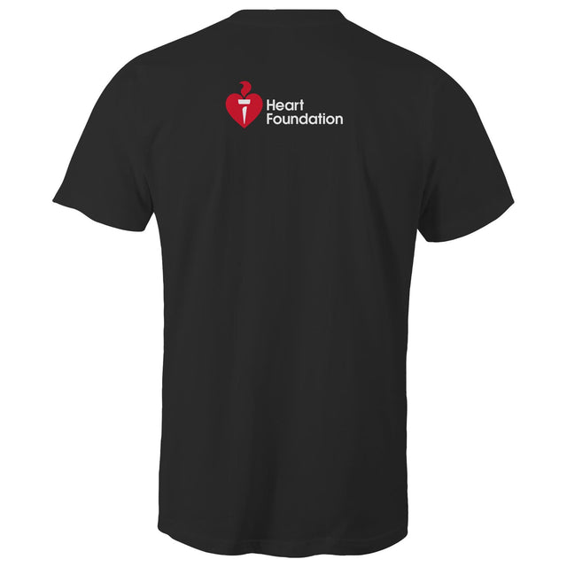 Black unisex t-shirt with Heart Foundation logo on upper back featured on light gray background