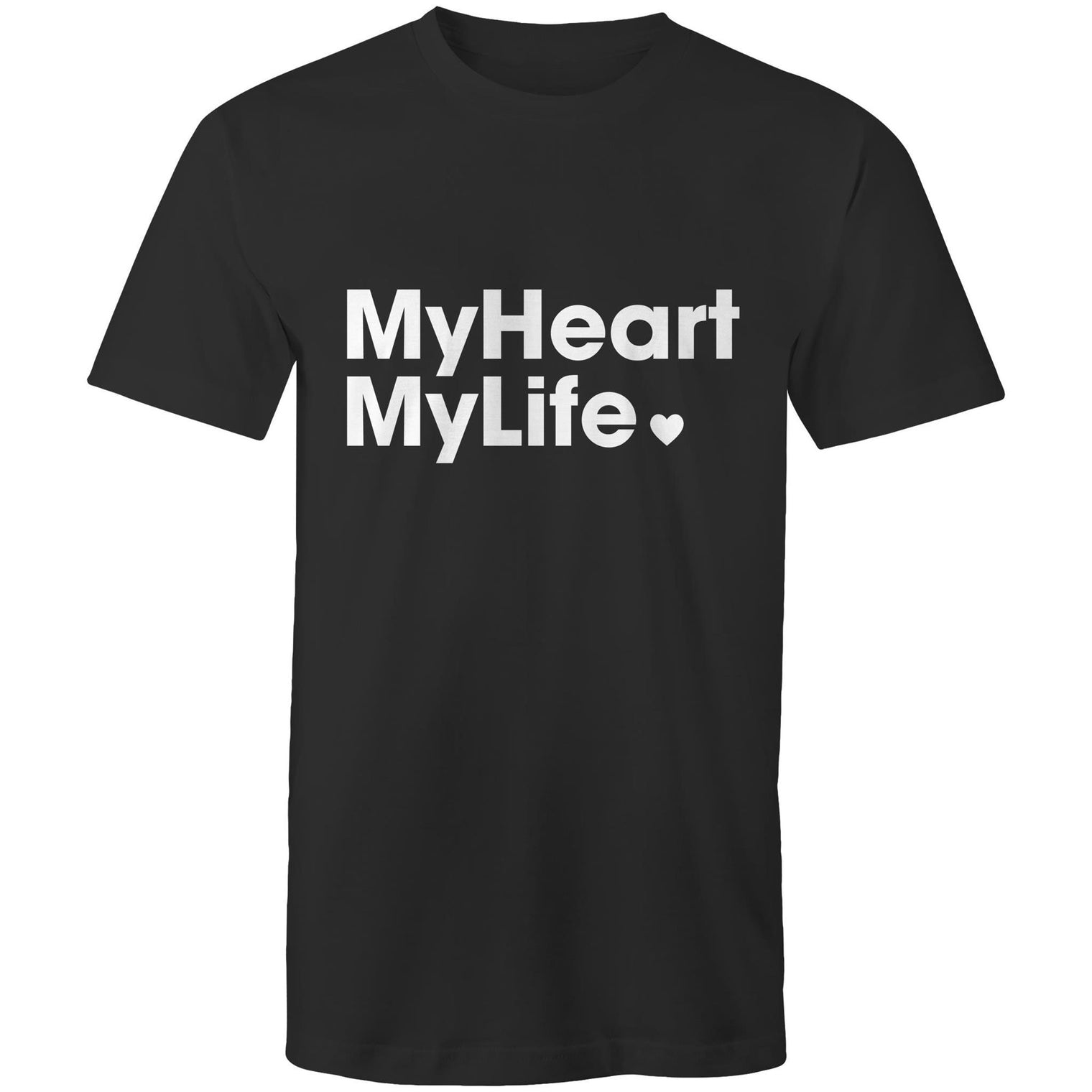 Black unisex t-shirt with white print tag line on the front featured on light gray background