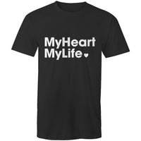 Black unisex t-shirt with white print tag line on the front featured on light gray background