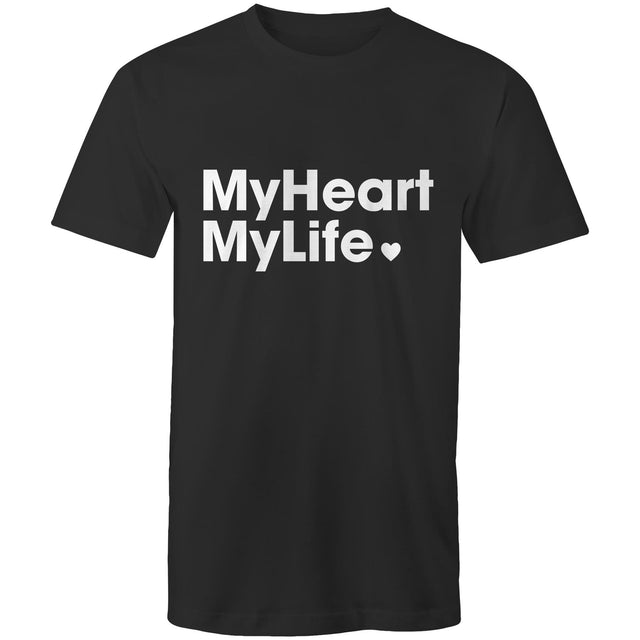 Black unisex t-shirt with white print tag line on the front featured on light gray background