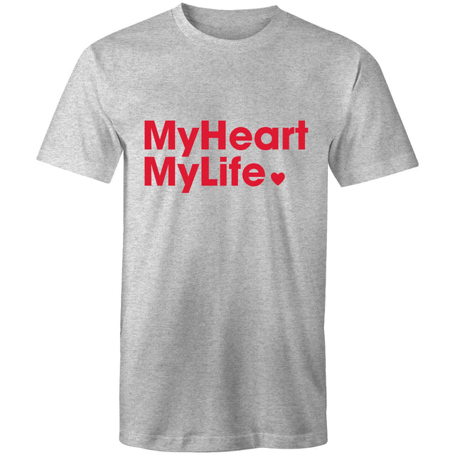 Grey marle unisex t-shirt with red print tag line on the front featured on light gray background