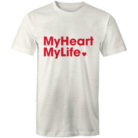 Natural colour women's style t-shirt with red print tag line on the front featured on light gray background