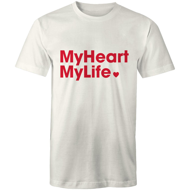 Natural colour women's style t-shirt with red print tag line on the front featured on light gray background