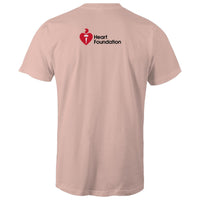 Pale pink unisex t-shirt with Heart Foundation logo on upper back and featured on light gray background