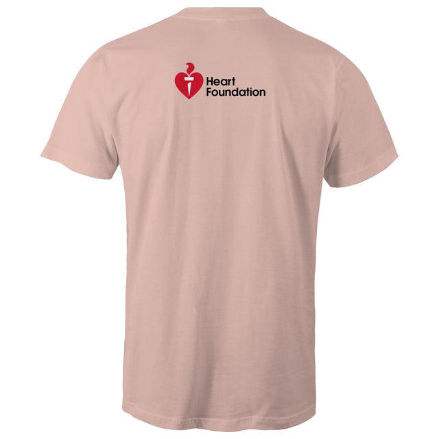 Pale pink unisex t-shirt with Heart Foundation logo on upper back and featured on light gray background