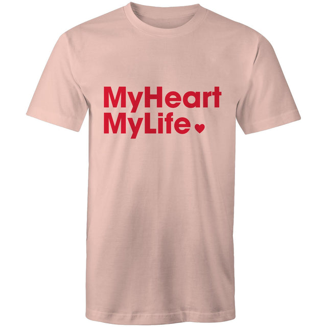 Pale pink unisex t-shirt with red print tag line on front and featured on light gray background