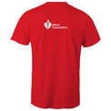 Red unisex t-shirt with Heart Foundation logo on upper back, featured on light gray background.
