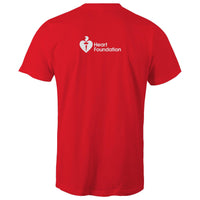 Red unisex t-shirt with Heart Foundation logo on upper back, featured on light gray background.