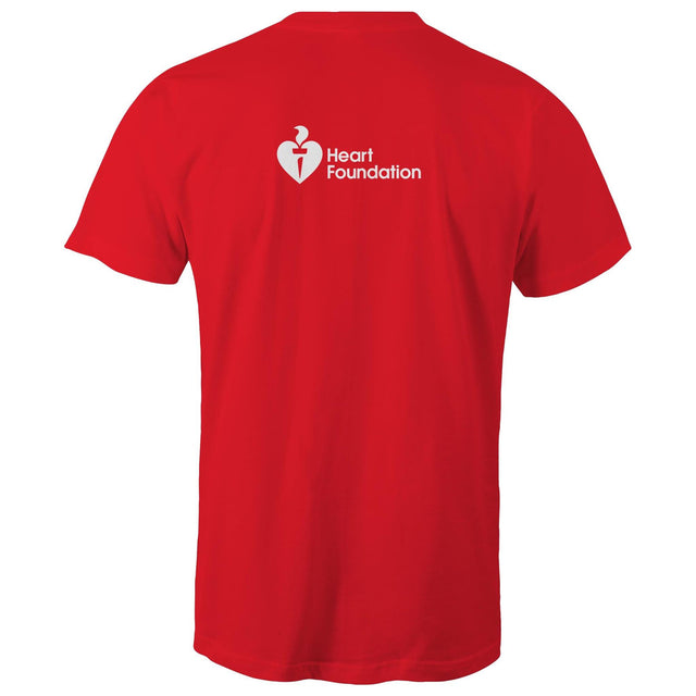 Red unisex t-shirt with Heart Foundation logo on upper back, featured on light gray background.