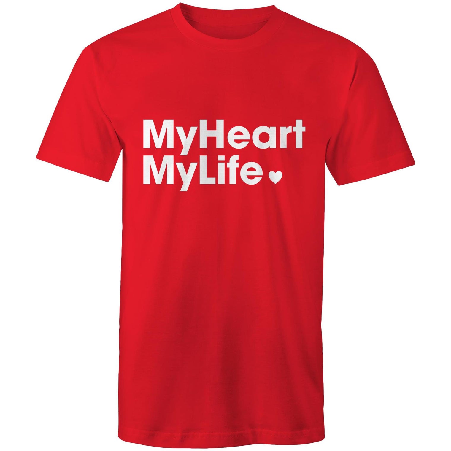Red unisex t-shirt with white print tag line on the front featured on light gray background