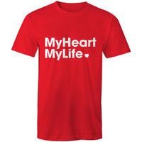 Red unisex t-shirt with white print tag line on the front featured on light gray background