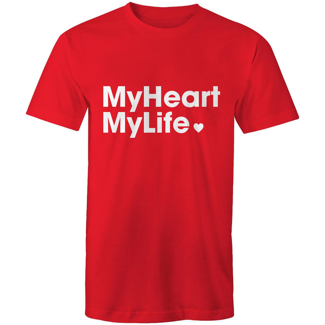 Red unisex t-shirt with white print tag line on the front featured on light gray background