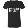  Women's black t-shirt with white print tag line featured on light gray background