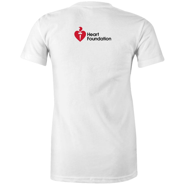 White women's t-shirt with Heart Foundation logo on upper back featured on light gray background