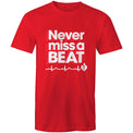 Red Heart Foundation unisex t-shirt featuring heartbeat line and Never miss a BEAT tag line printed in white.