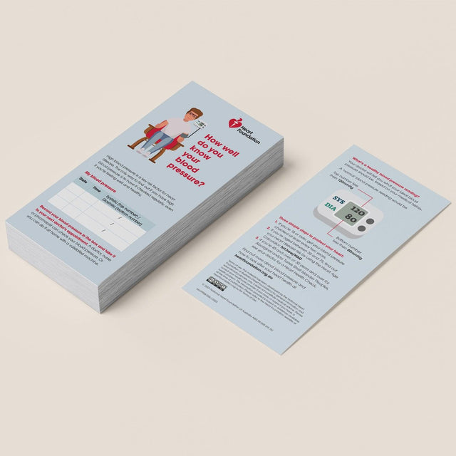 Heart Foundation DL sized card with information regarding blood pressure and on which to record blood pressure readings.