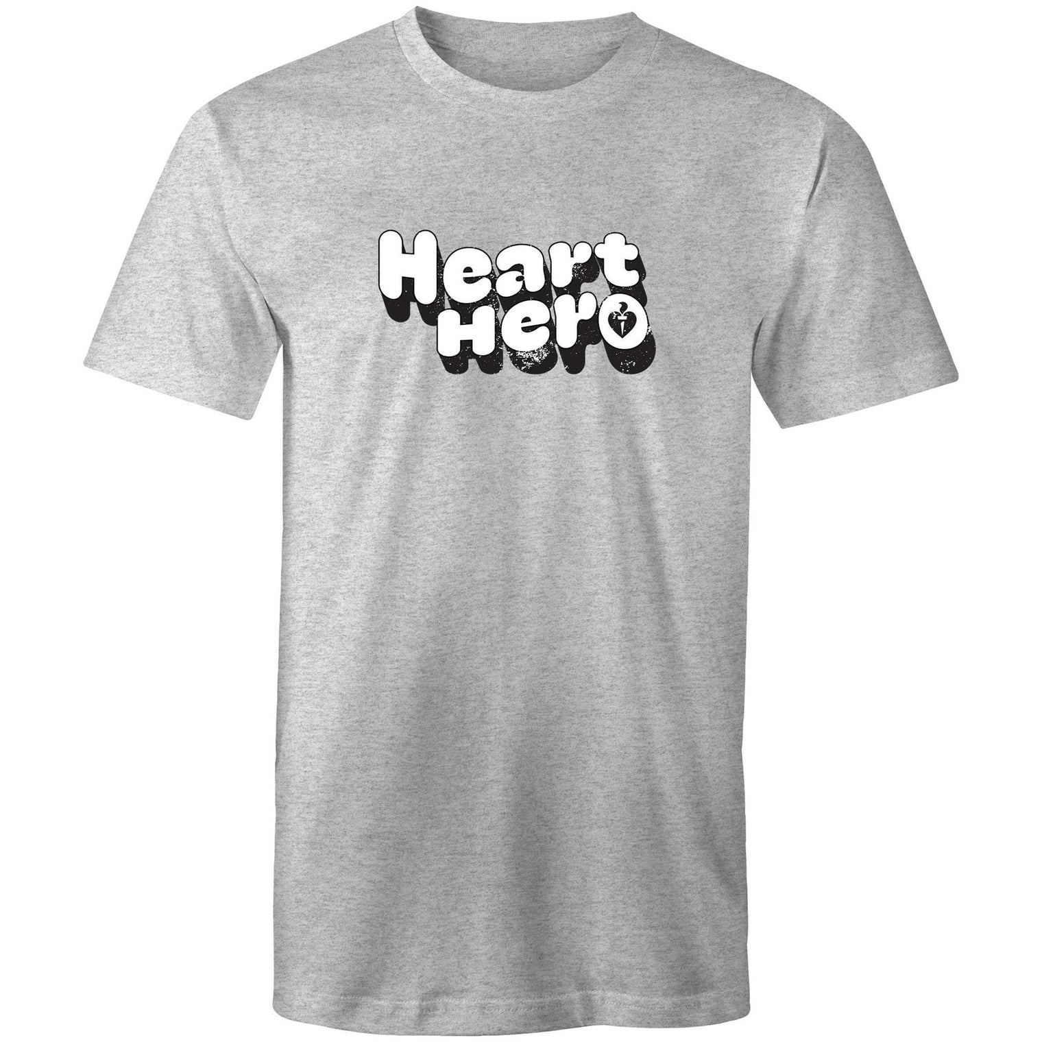 Grey marle  mens/unisex short sleeve Heart Foundation t-shirt with Heart hero print to centre chest.