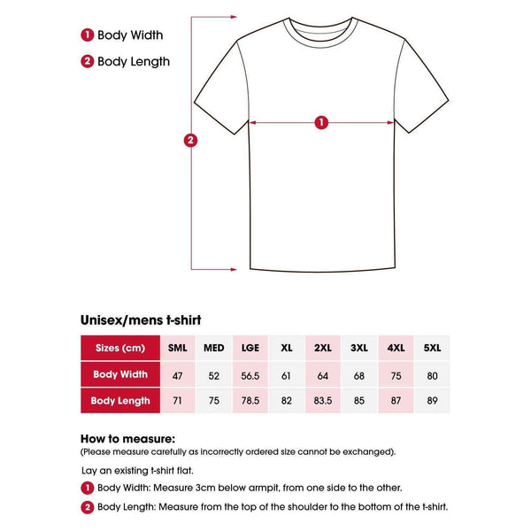 Unisex t-shirt size chart in table format with drawing and instructions on how best to measure for required size.