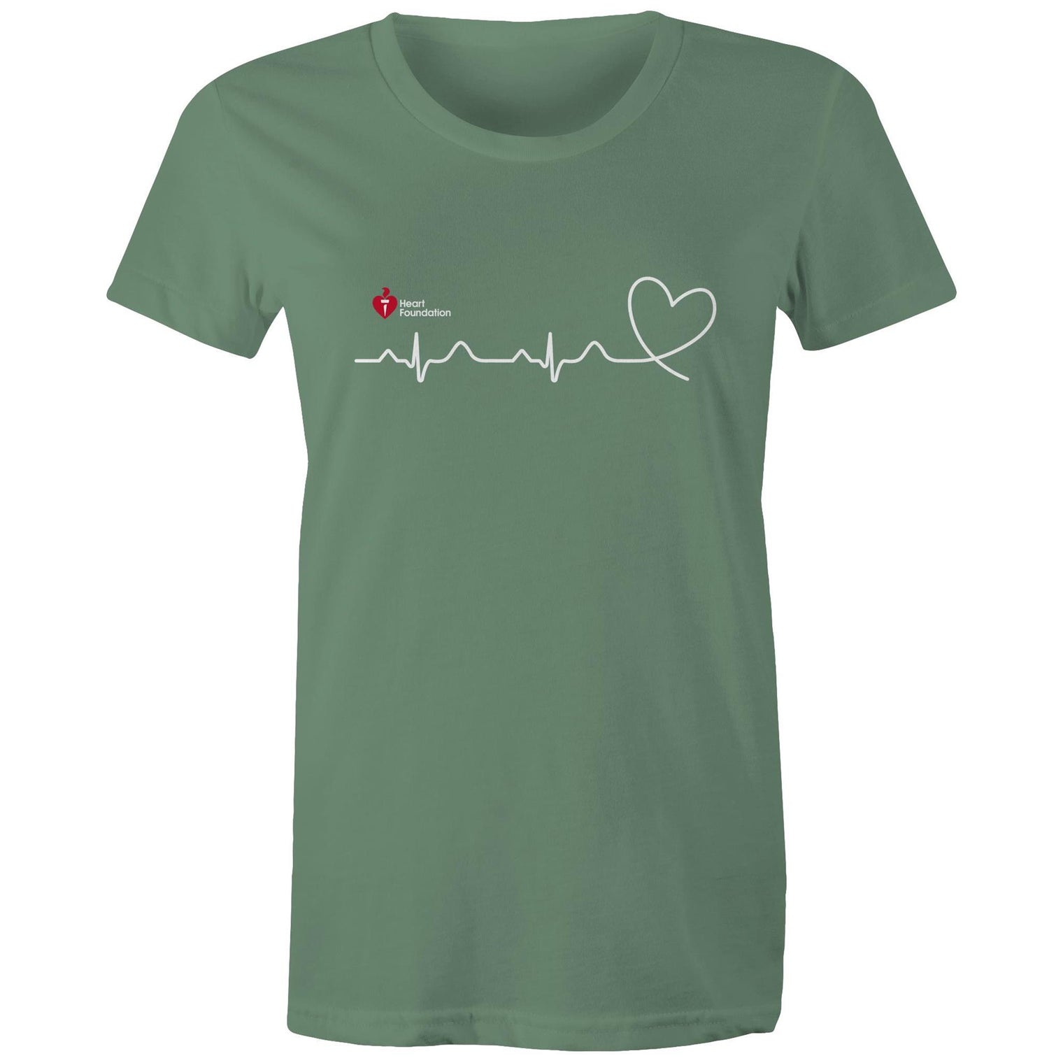 Sage green Heart Foundation women's t-shirt featuring logo and white print heartbeat line ending in stylised heart.