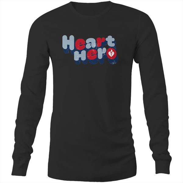 Black mens/unisex long sleeve Heart Foundation t-shirt with Heart Hero print centre chest.
