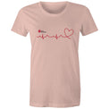 Pale pink Heart Foundation women's t-shirt featuring logo and red print heartbeat line ending in stylised heart.