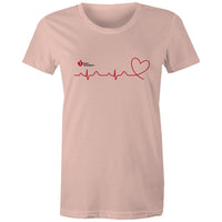 Pale pink Heart Foundation women's t-shirt featuring logo and red print heartbeat line ending in stylised heart.