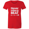 Red Heart Foundation women's t-shirt featuring heartbeat line and Never miss a BEAT tag line printed in white.