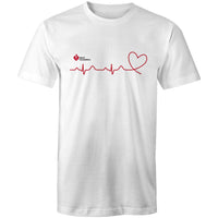 White Heart Foundation unisex t-shirt featuring logo and red print heartbeat line ending in stylised heart.