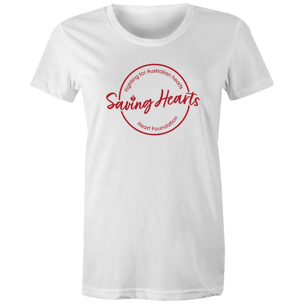 Heart Foundation women's white organic cotton t-shirt featuring Saving Hearts design in red print.