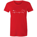 Red Heart Foundation women's t-shirt featuring logo and white print heartbeat line ending in stylised heart.