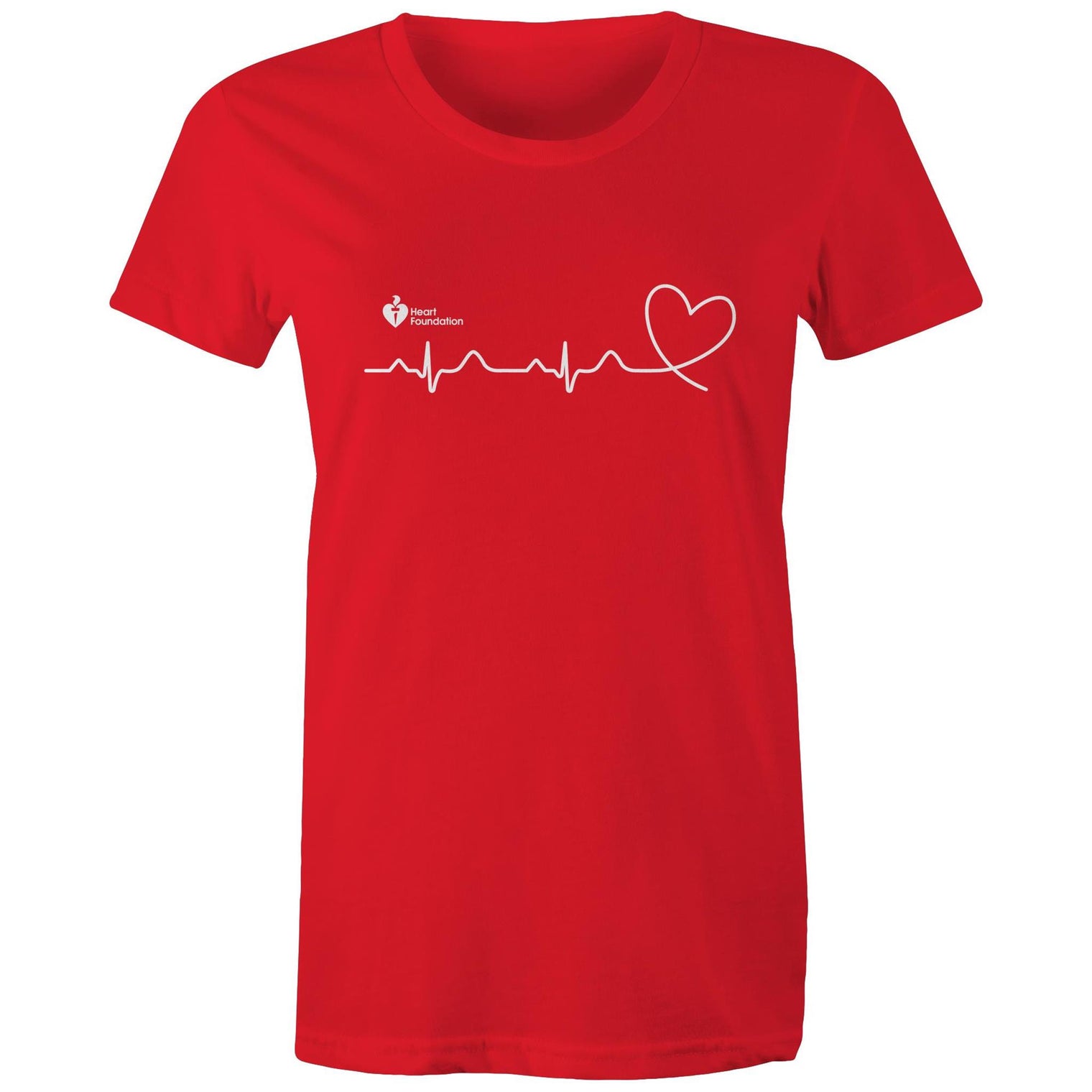 Red Heart Foundation women's t-shirt featuring logo and white print heartbeat line ending in stylised heart.