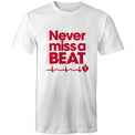 White Heart Foundation unisex t-shirt featuring heartbeat line and Never miss a BEAT tag line printed in red/pink.