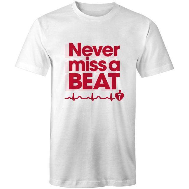 White Heart Foundation unisex t-shirt featuring heartbeat line and Never miss a BEAT tag line printed in red/pink.