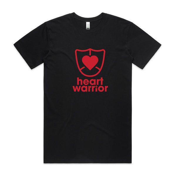 Heart Foundation black organic cotton t-shirt featuring Heart Warrior design in red print.