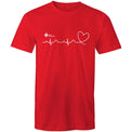 Red Heart Foundation unisex t-shirt featuring logo and white print heartbeat line ending in stylised heart.