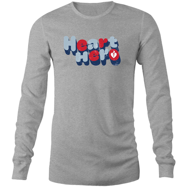 Grey marle mens/unisex long sleeve Heart Foundation t-shirt with Heart Hero print centre chest.