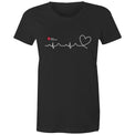 Black Heart Foundation women's t-shirt featuring logo and white print heartbeat line ending in stylised heart.