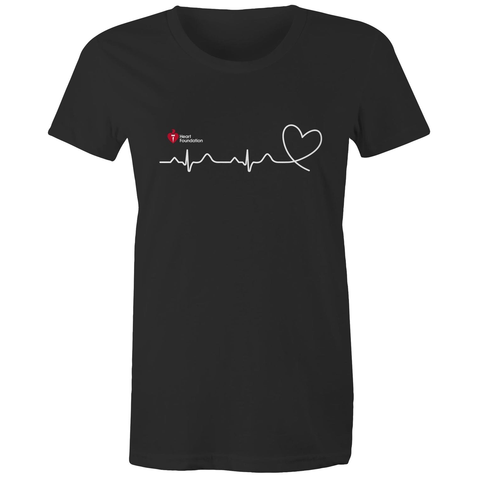 Black Heart Foundation women's t-shirt featuring logo and white print heartbeat line ending in stylised heart.