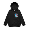 Kids black hoodie with an anatomical heart design on a light gray background