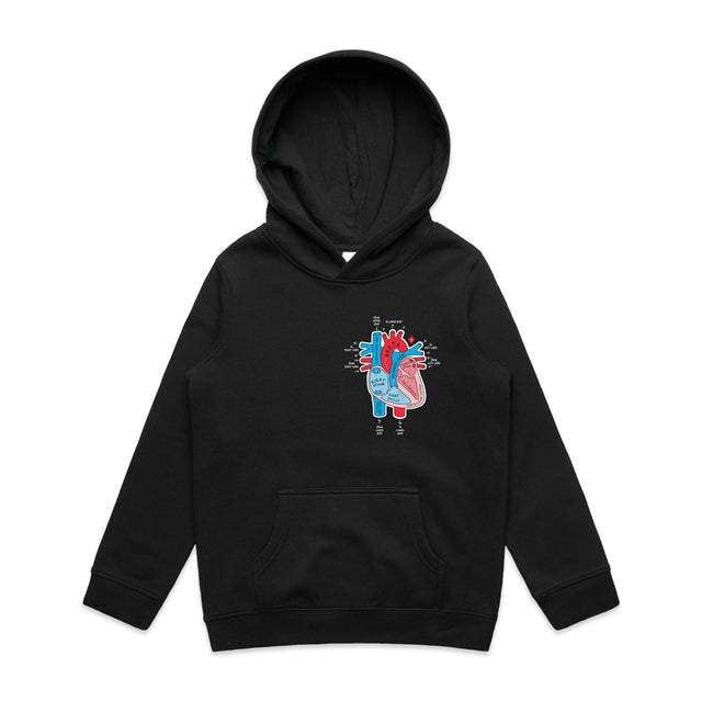 Kids black hoodie with an anatomical heart design on a light gray background