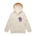 Kids natural colour hoodie with an anatomical heart design on a light gray background