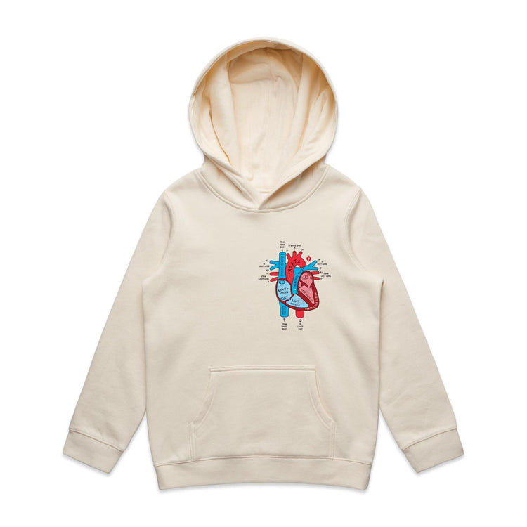 Kids natural colour hoodie with an anatomical heart design on a light gray background
