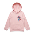 Kids pink hoodie with an anatomical heart design on a light gray background