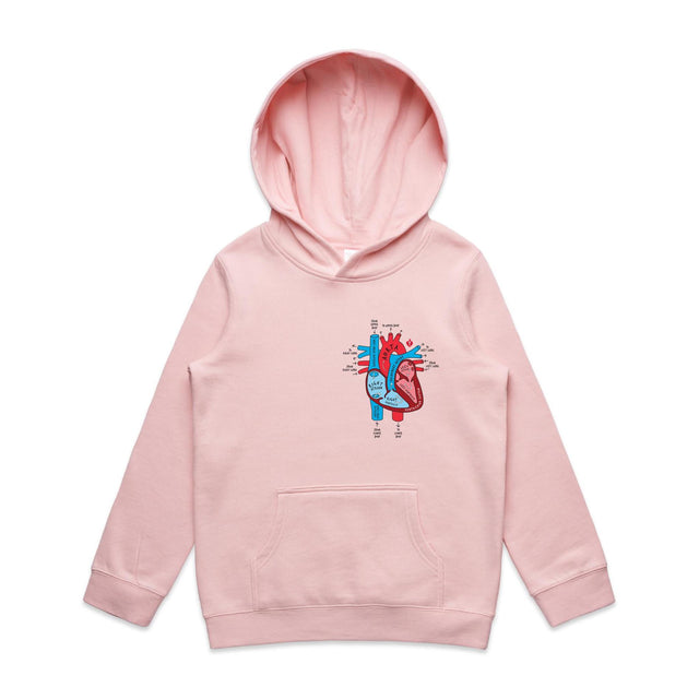 Kids pink hoodie with an anatomical heart design on a light gray background