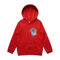 Kids red hoodie with an anatomical heart design on a light gray background