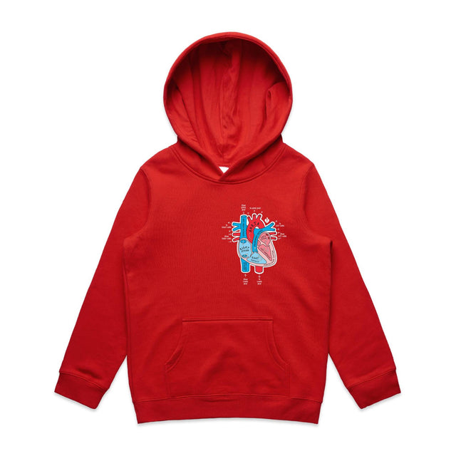 Kids red hoodie with an anatomical heart design on a light gray background