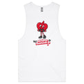 White tank tee with a red cartoon character and text on a white background