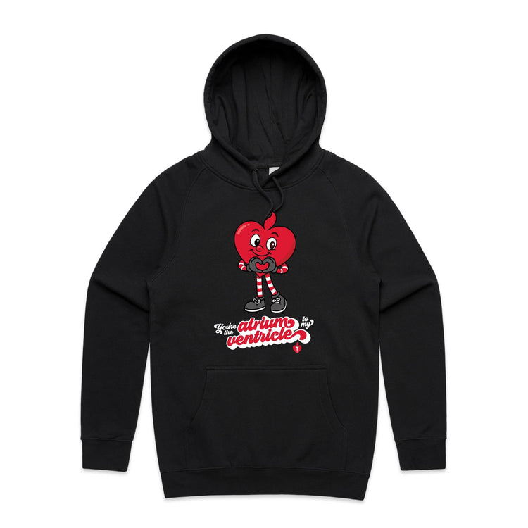 Black hoodie with a cartoon heart design and text on a plain white background