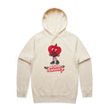 Ecru hoodie with a cartoon heart design and text on a plain white background